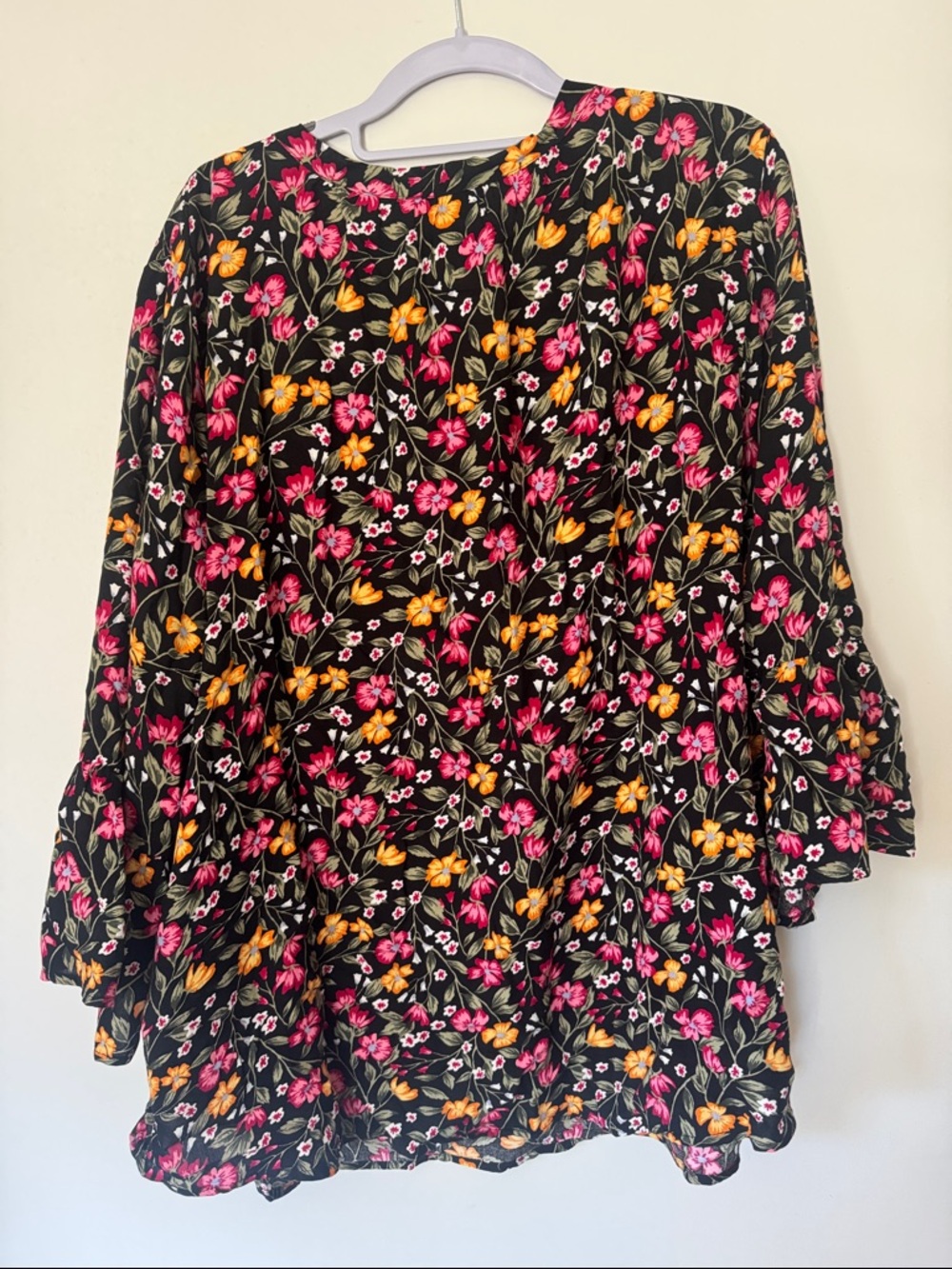 Old Navy Black Floral Tie-Neck Blouse with Pink & Yellow Blossoms - Picture 4 of 4